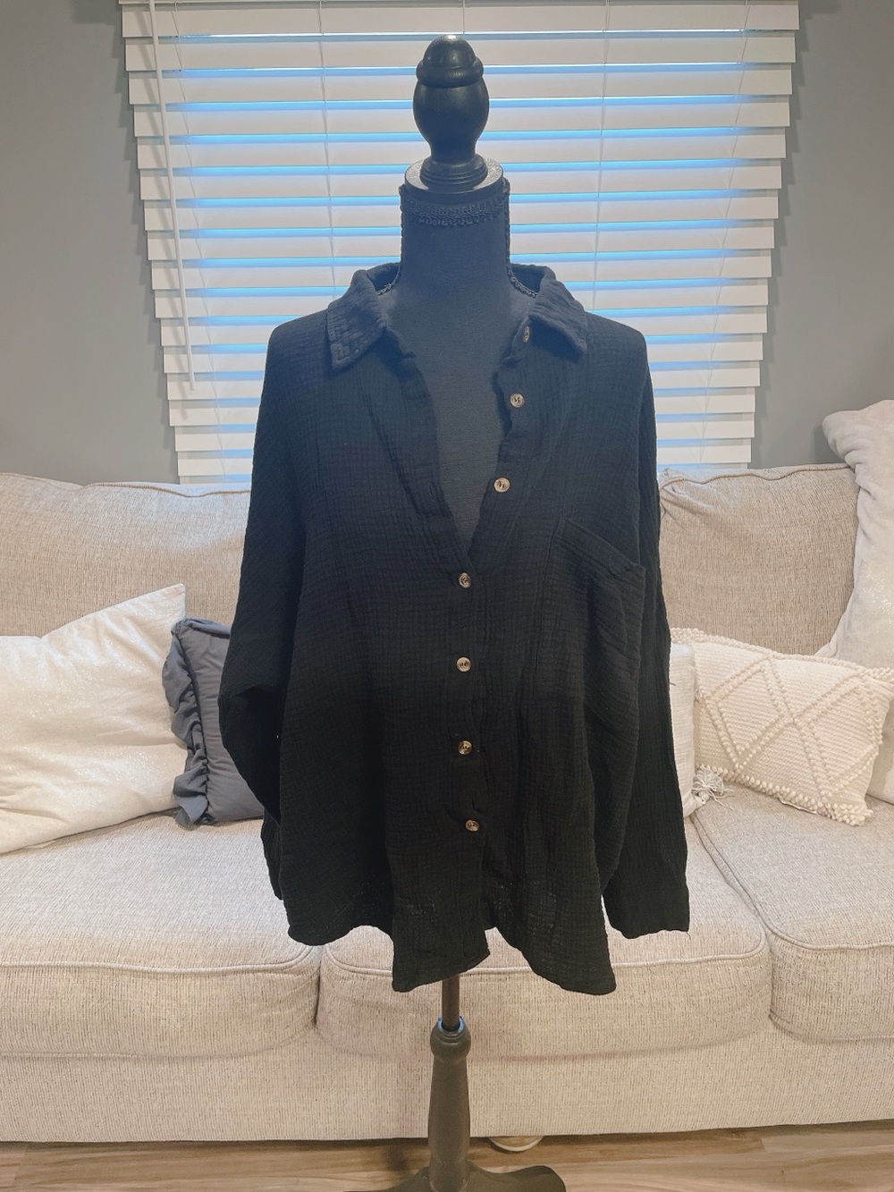 Fashion Size XL Cotton Button Down Black Blouse.